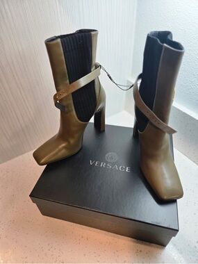 Versace Olive Green Leather Strap High-Heel Ankle Boots